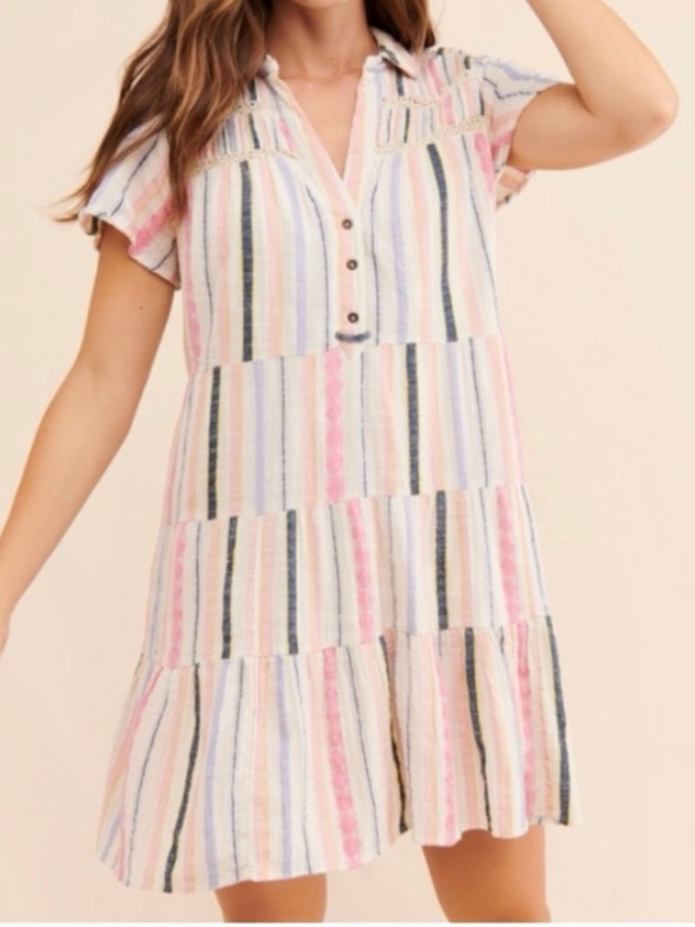 By Anthropologie Georgina short sleeve Tiered beige multicolor Striped Dress S
